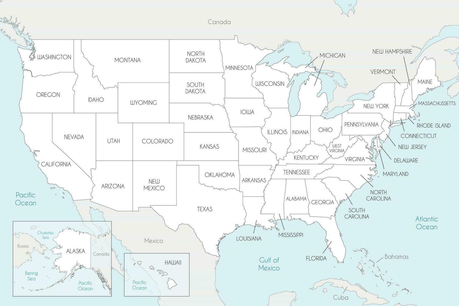 Vektor Karte von USA mit Zustände und administrative Abteilungen, und benachbart Länder. editierbar und deutlich beschriftet Lagen.