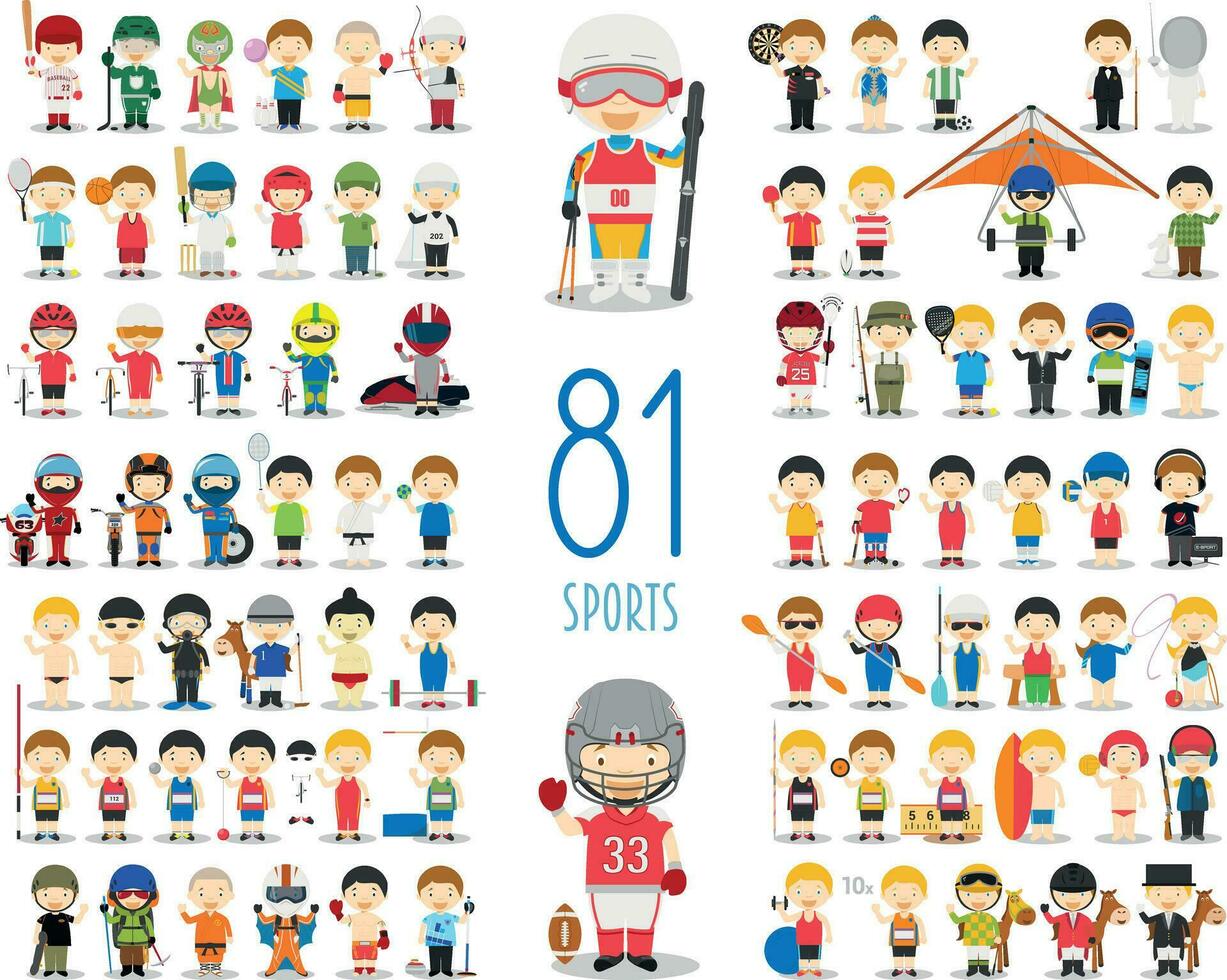 einstellen von 81 anders Sport im Karikatur Stil. Kinder Zeichen Vektor Illustration