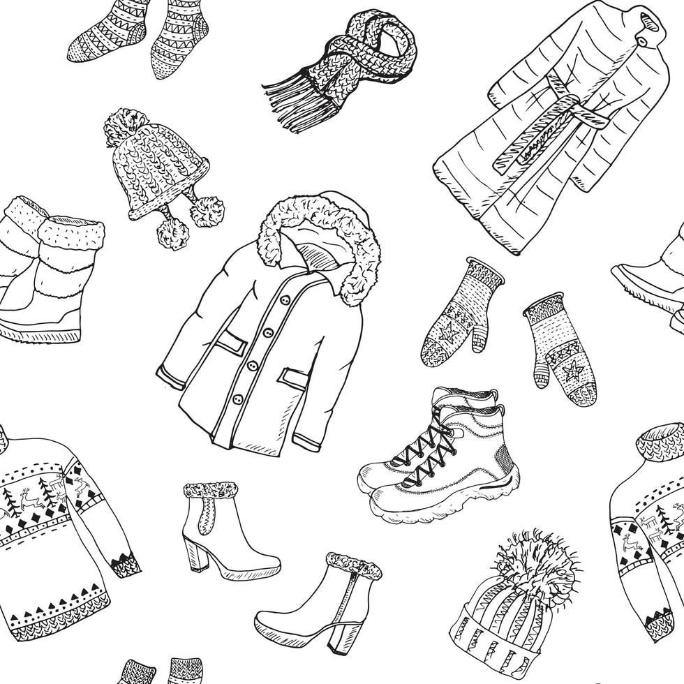 Wintersaison Gekritzel Kleidung nahtlose Muster Hand gezeichnete Skizze Vektor Hintergrund Illustration