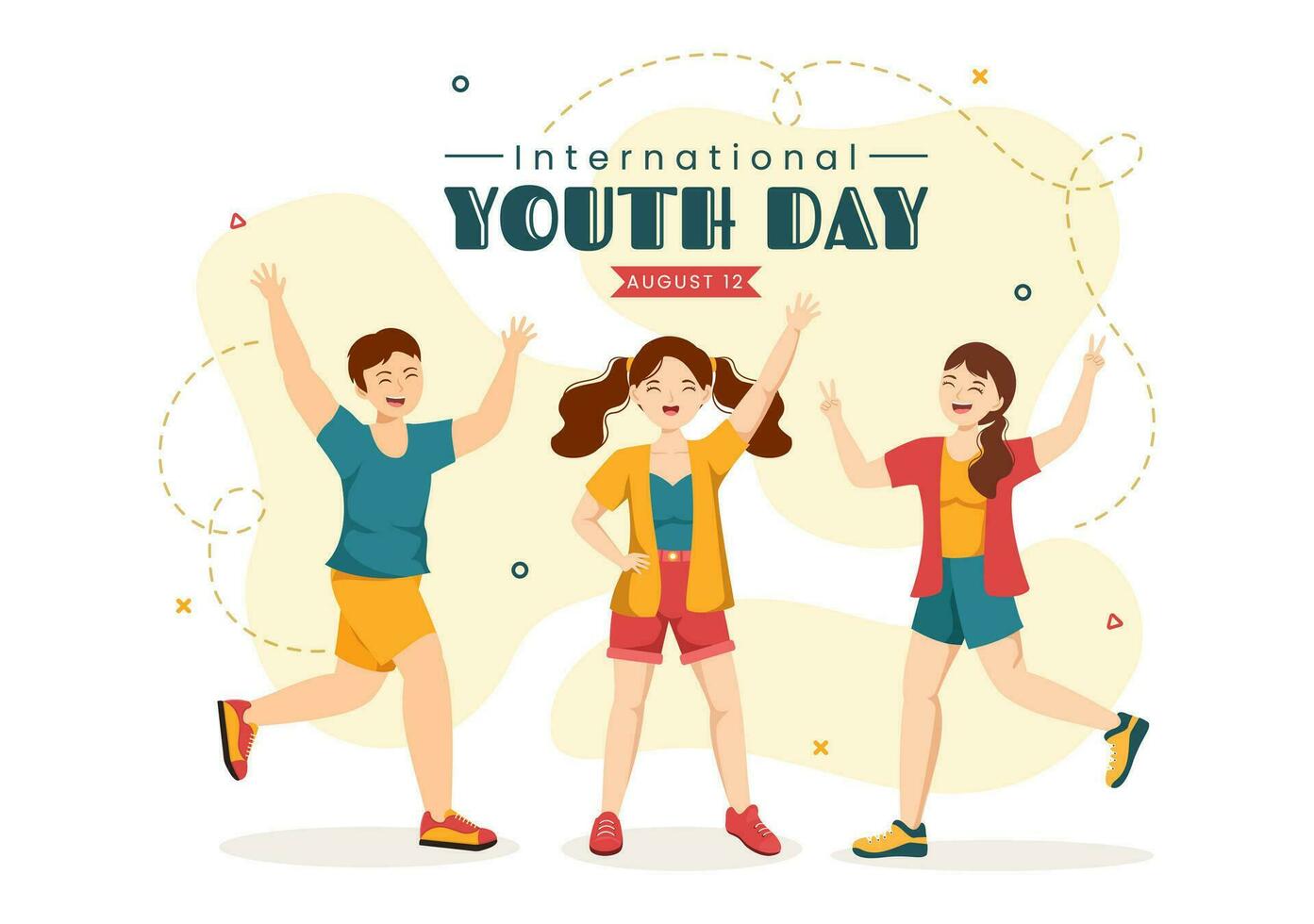 Lycklig internationell ungdom dag vektor illustration med ung Pojkar och flickor samhörighet i platt tecknad serie hand dragen söt bakgrund mallar