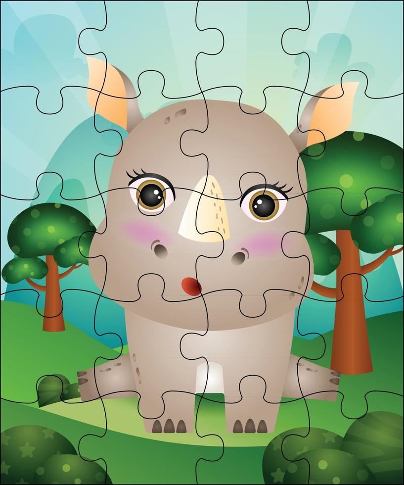 Puzzlespielillustration für Kinder mit niedlichem Nashorn vektor