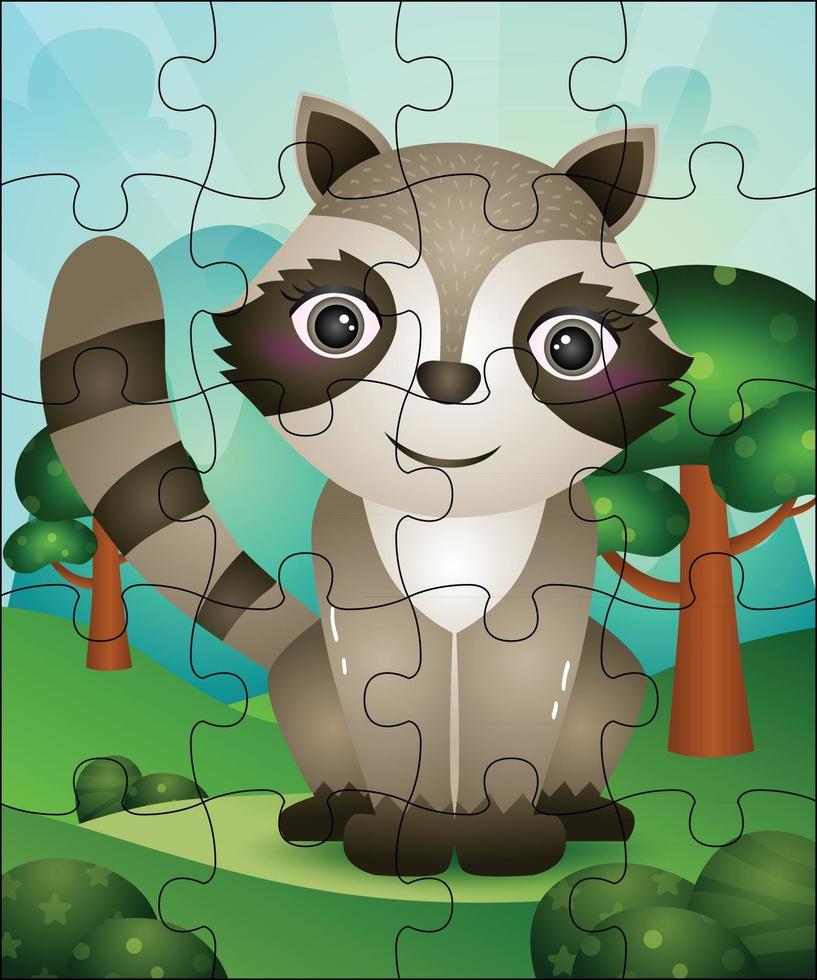 Puzzlespielillustration für Kinder mit niedlichem Waschbären vektor