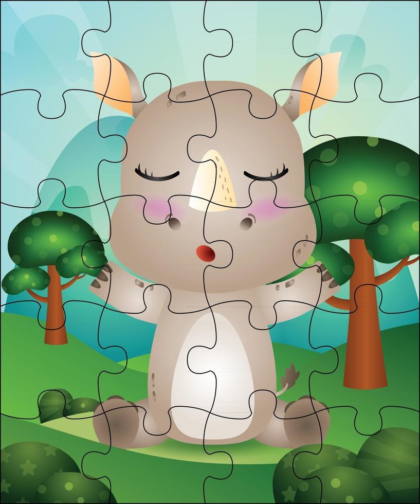 Puzzlespielillustration für Kinder mit niedlichem Nashorn vektor