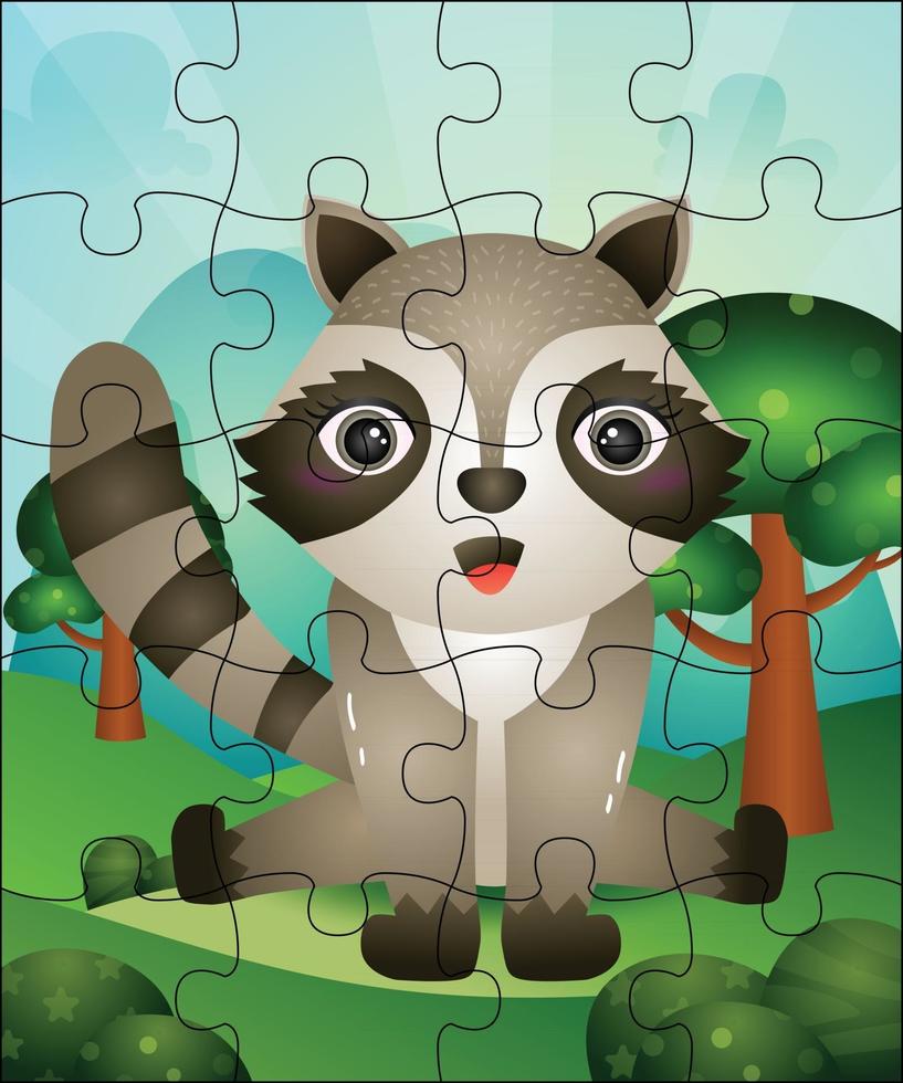 Puzzlespielillustration für Kinder mit niedlichem Waschbären vektor