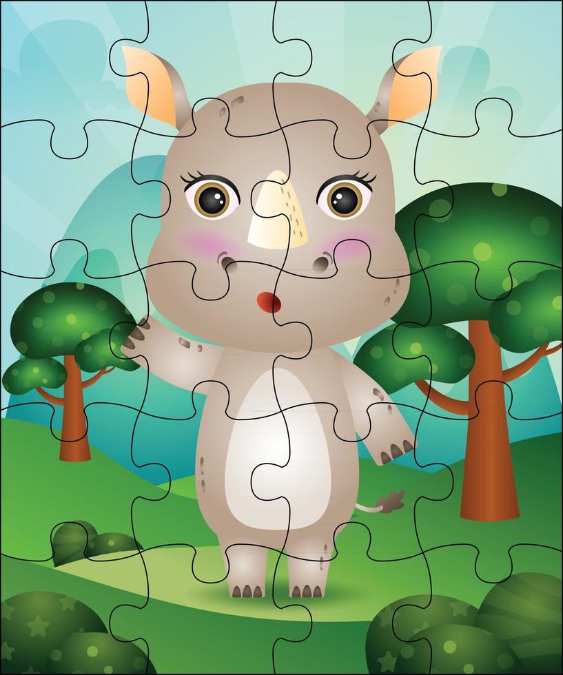 Puzzlespielillustration für Kinder mit niedlichem Nashorn vektor