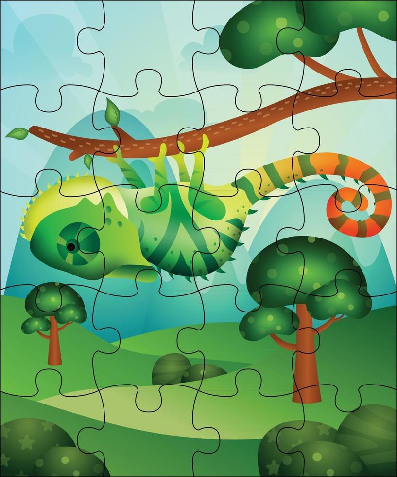 Puzzlespielillustration für Kinder mit niedlichem Chamäleon vektor