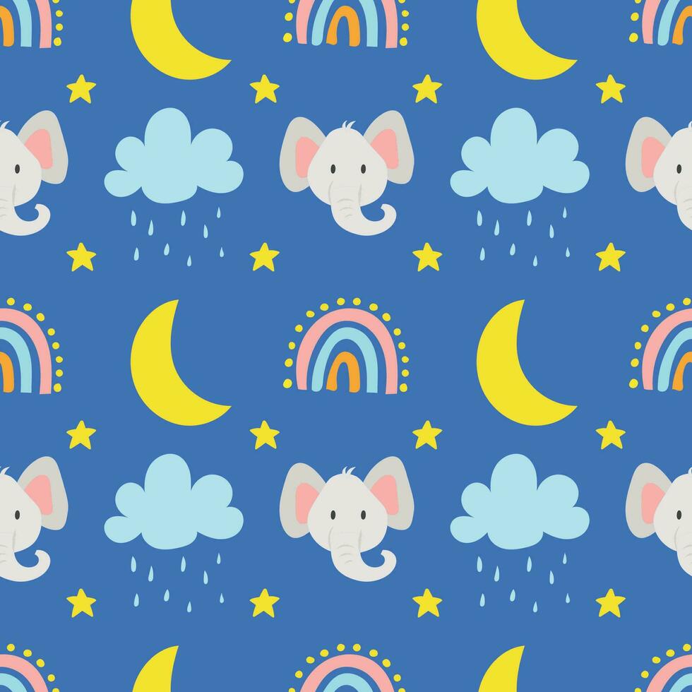 sömlös vektor mönster med söt elefanter, stjärnor, moln, regnbåge och måne på blå bakgrund.