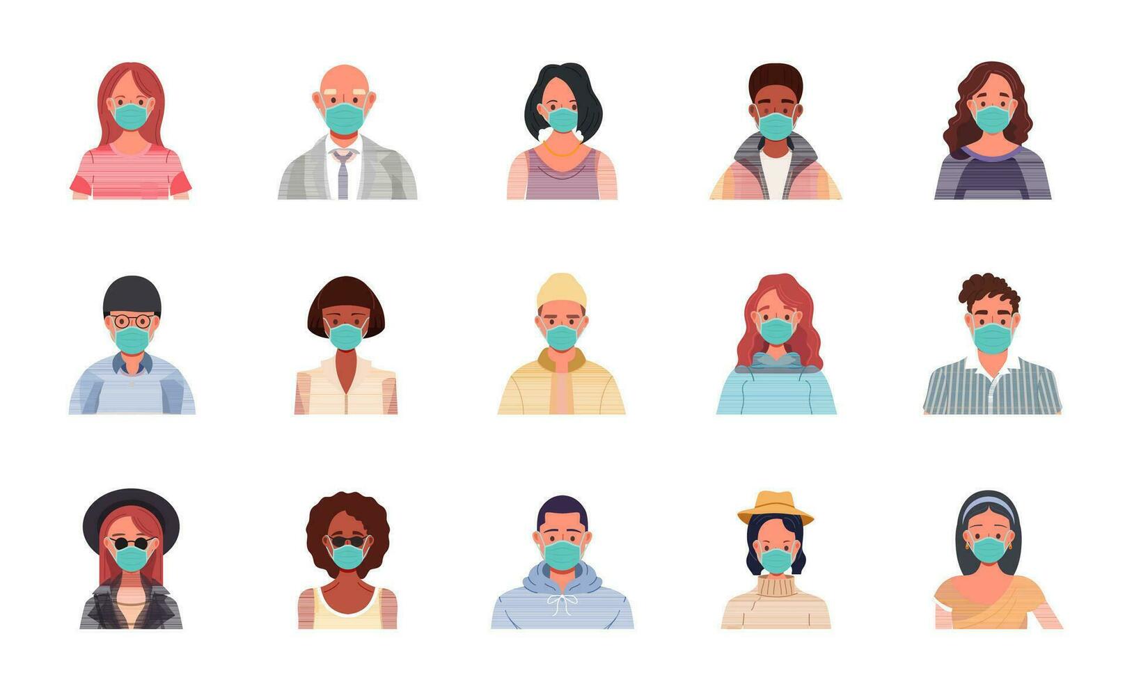 verschiedene Menschen Avatare im medizinisch Masken zum Schutz gegen Viren, Bakterien, und Grippe. Vektor Benutzer Porträts im eben Karikatur Stil. männlich und weiblich Figuren.