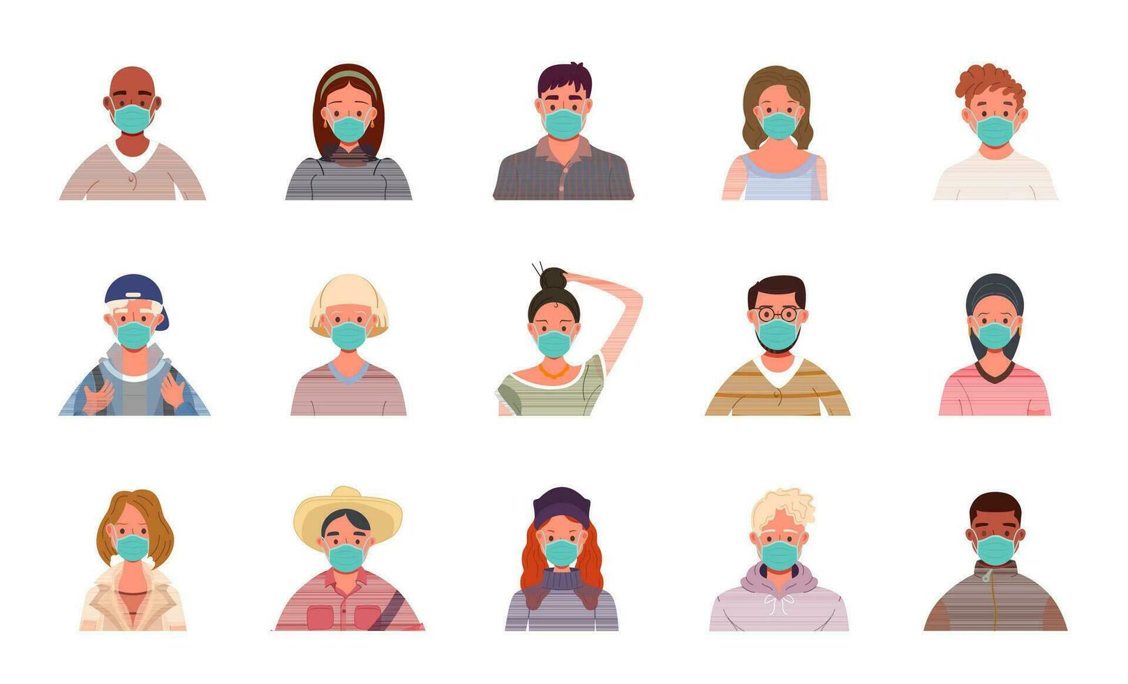 samling av platt tecknad serie stil användare avatars i medicinsk masker. skyddande från virus, bakterie, och influensa. manlig och kvinna tecken. vektor illustration.