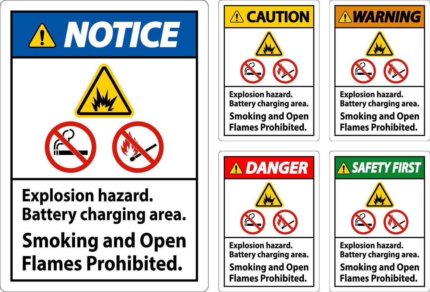 fara tecken explosion fara, batteri laddning område, rökning och öppen lågor förbjuden vektor