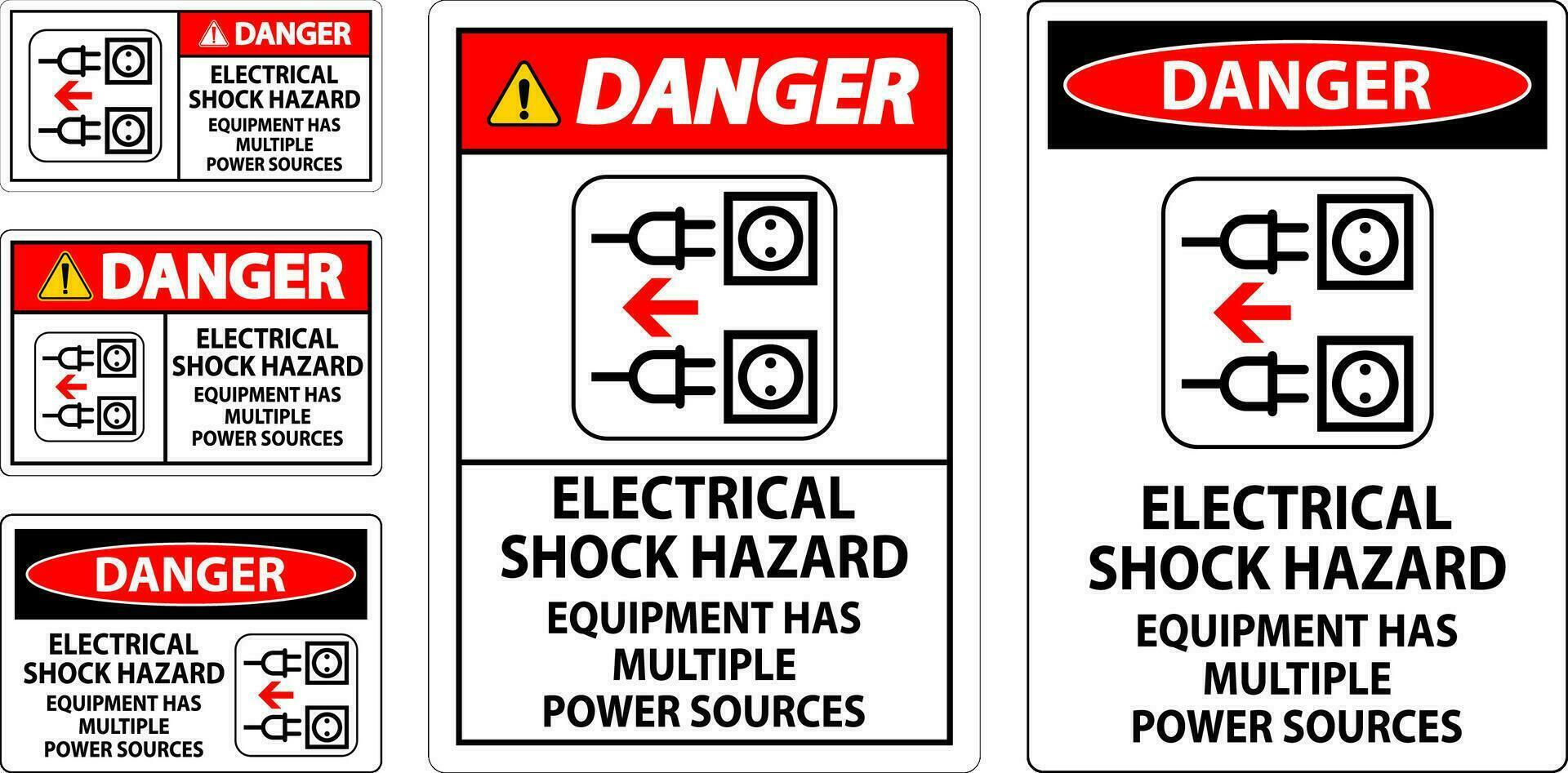 fara tecken elektrisk chock fara, Utrustning har flera olika kraft källor vektor