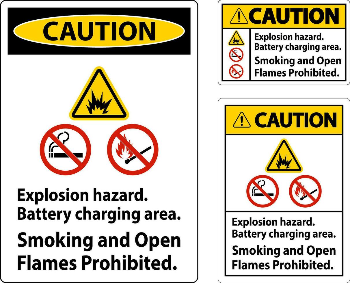 varning tecken explosion fara, batteri laddning område, rökning och öppen lågor förbjuden vektor