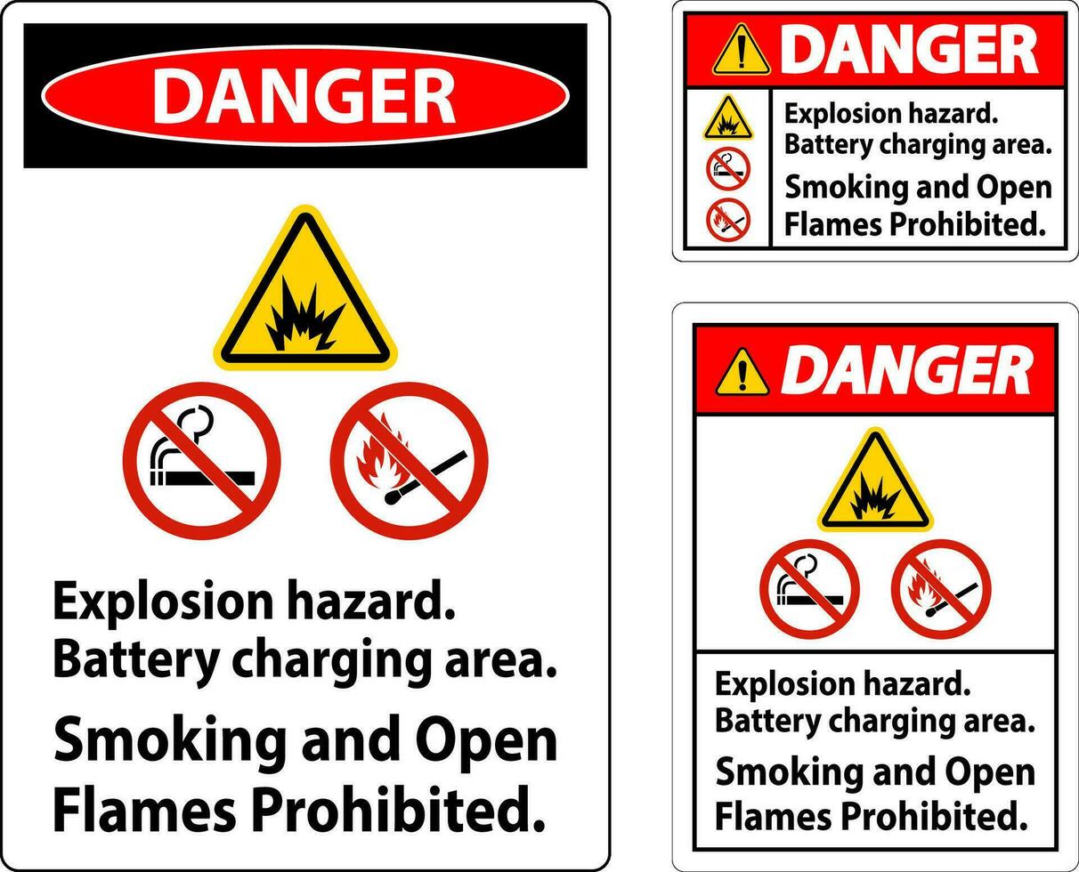 Achtung Zeichen Explosion Gefahr, Batterie Laden Bereich, Rauchen und öffnen Flammen verboten vektor