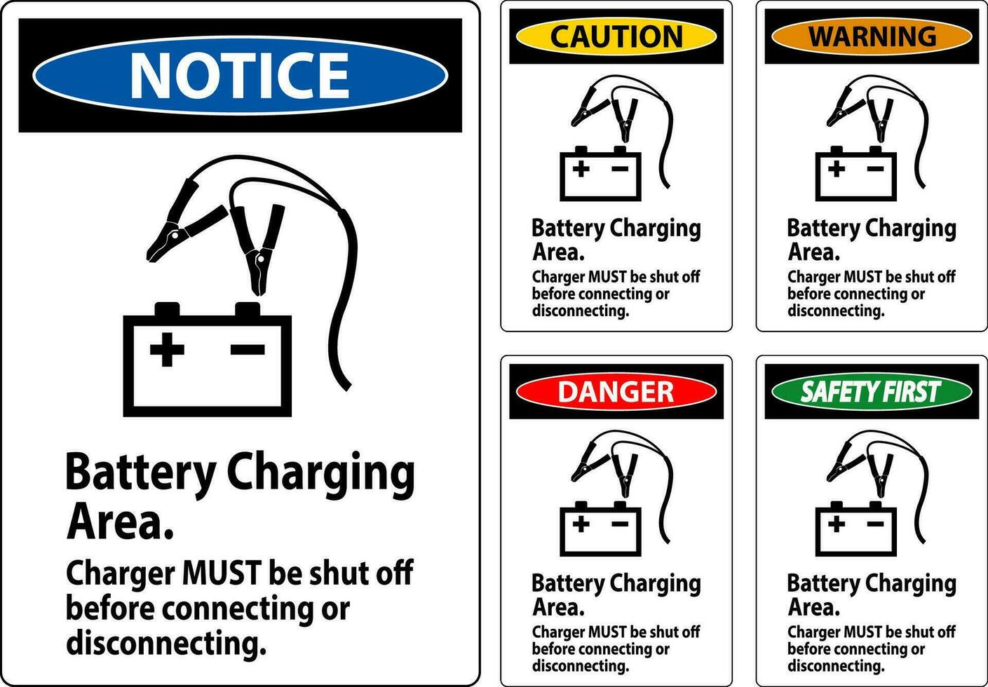 Achtung Zeichen Batterie Laden Bereich, Ladegerät Muss Sein geschlossen aus Vor verbinden oder Trennen vektor