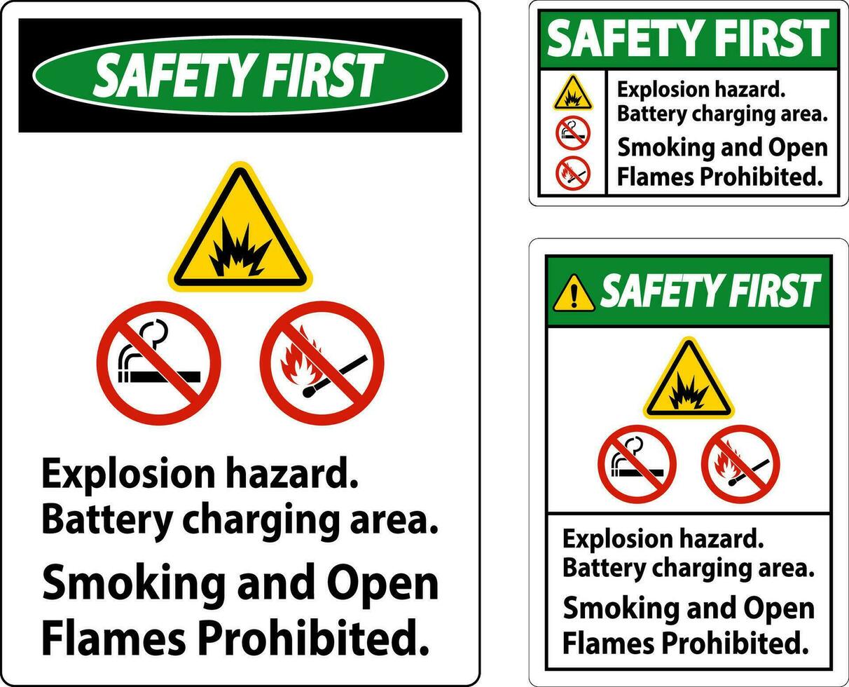 säkerhet först tecken explosion fara, batteri laddning område, rökning och öppen lågor förbjuden vektor