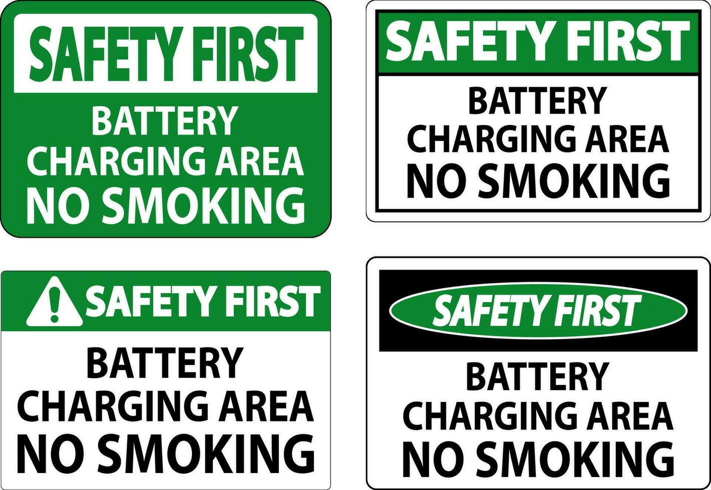säkerhet först tecken batteri laddning område, Nej rökning vektor