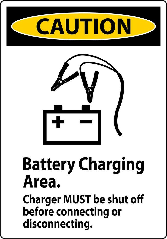 varning tecken batteri laddning område, laddare måste vara Stäng av innan ansluter eller frånkoppling vektor