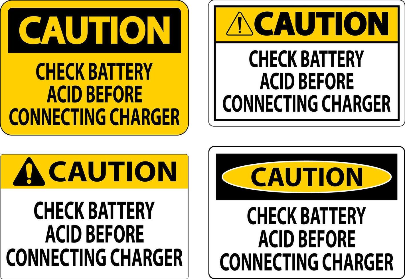 varning tecken kolla upp batteri syra innan ansluter laddare vektor