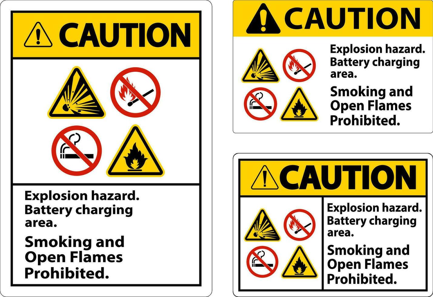 varning tecken explosion fara, batteri laddning område, rökning och öppen lågor förbjuden vektor