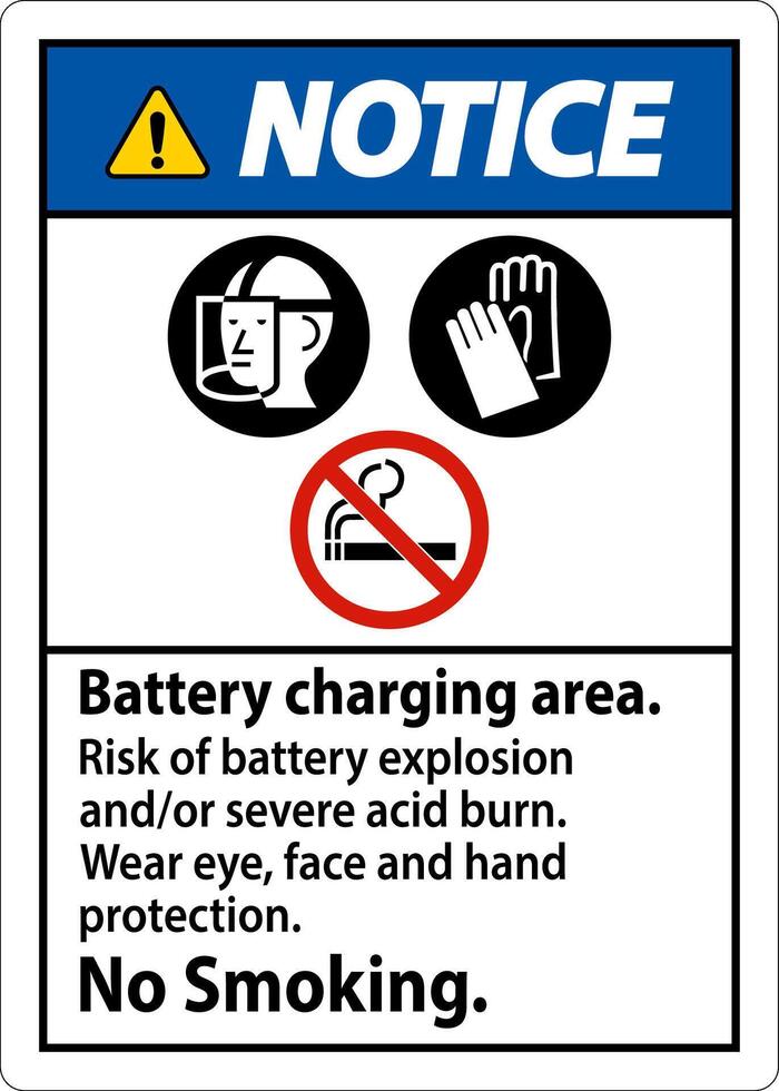 beachten Zeichen Batterie Laden Bereich, Risiko von Batterie Explosion oder stark Acid brennen, Nein Rauchen vektor