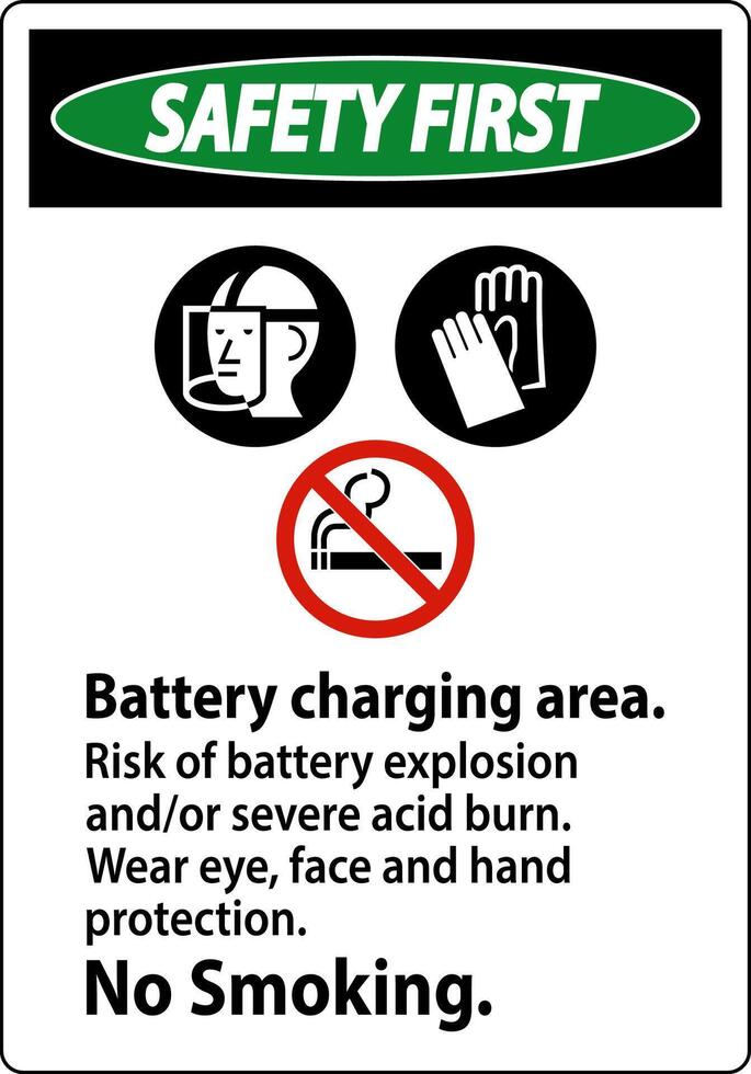 Sicherheit zuerst Zeichen Batterie Laden Bereich, Risiko von Batterie Explosion oder stark Acid brennen, Nein Rauchen vektor