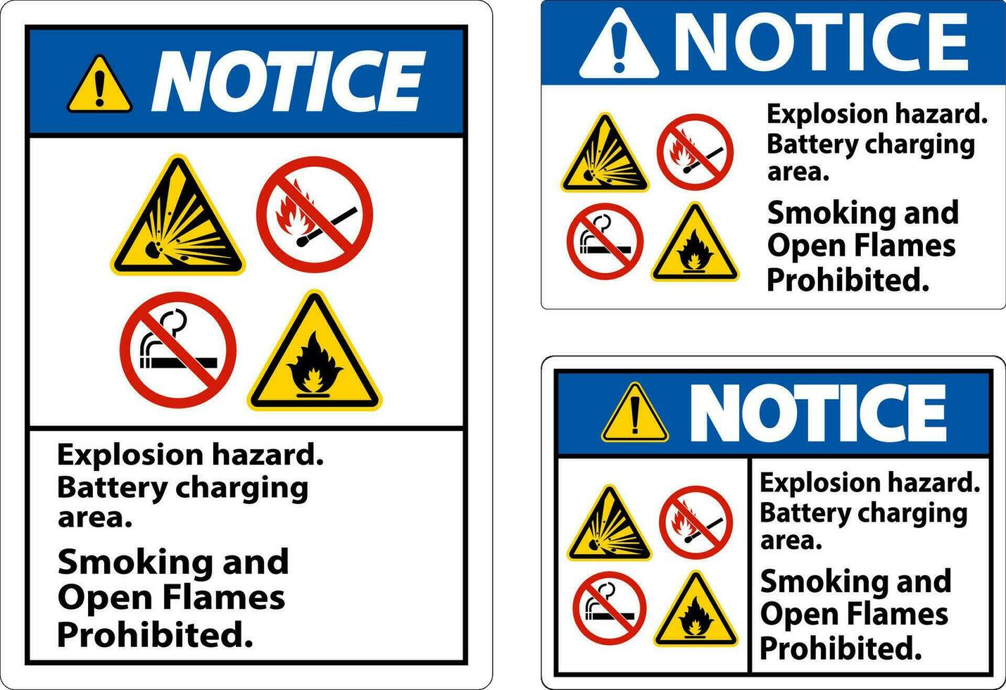 beachten Zeichen Explosion Gefahr, Batterie Laden Bereich, Rauchen und öffnen Flammen verboten vektor