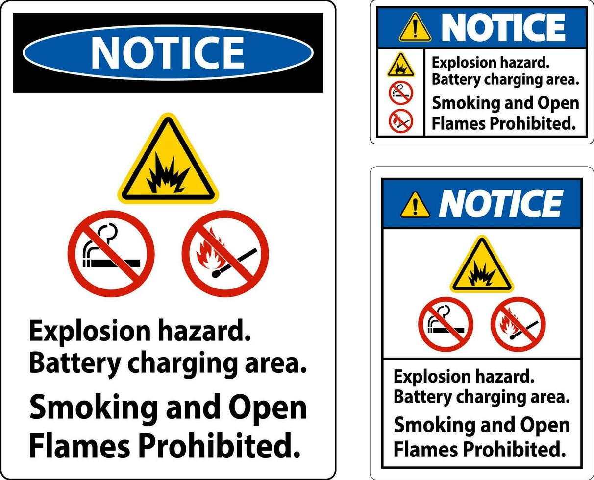 lägga märke till tecken explosion fara, batteri laddning område, rökning och öppen lågor förbjuden vektor