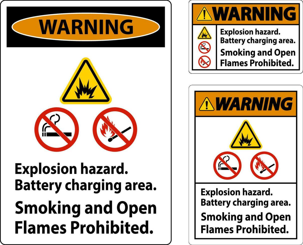 varning tecken explosion fara, batteri laddning område, rökning och öppen lågor förbjuden vektor