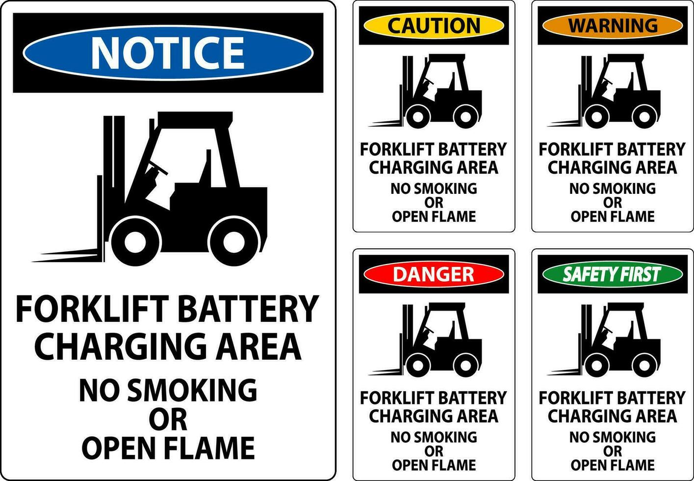 fara tecken gaffeltruck batteri laddning område, Nej rökning eller öppen flamma vektor