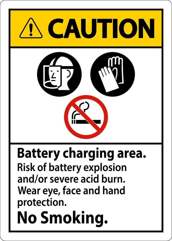 Vorsicht Zeichen Batterie Laden Bereich, Risiko von Batterie Explosion oder stark Acid brennen, Nein Rauchen vektor