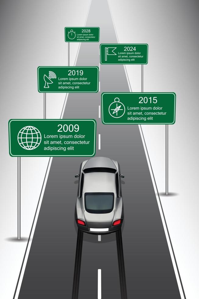 Designvorlage Sportwagen auf dem Weg entlang der Zeitachse Vektor-Illustration vektor