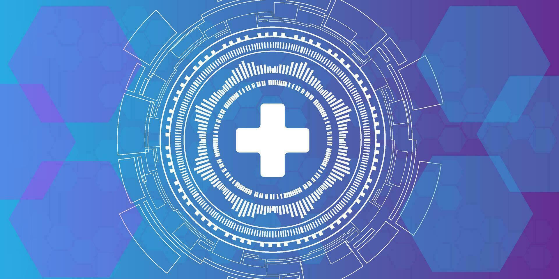 vektor illustration av sjukvård och teknologi begrepp med platt ikoner och symboler. mall design för hälsa vård företag, innovation medicin, farmaceutisk industri, vetenskap, medicinsk forskning.