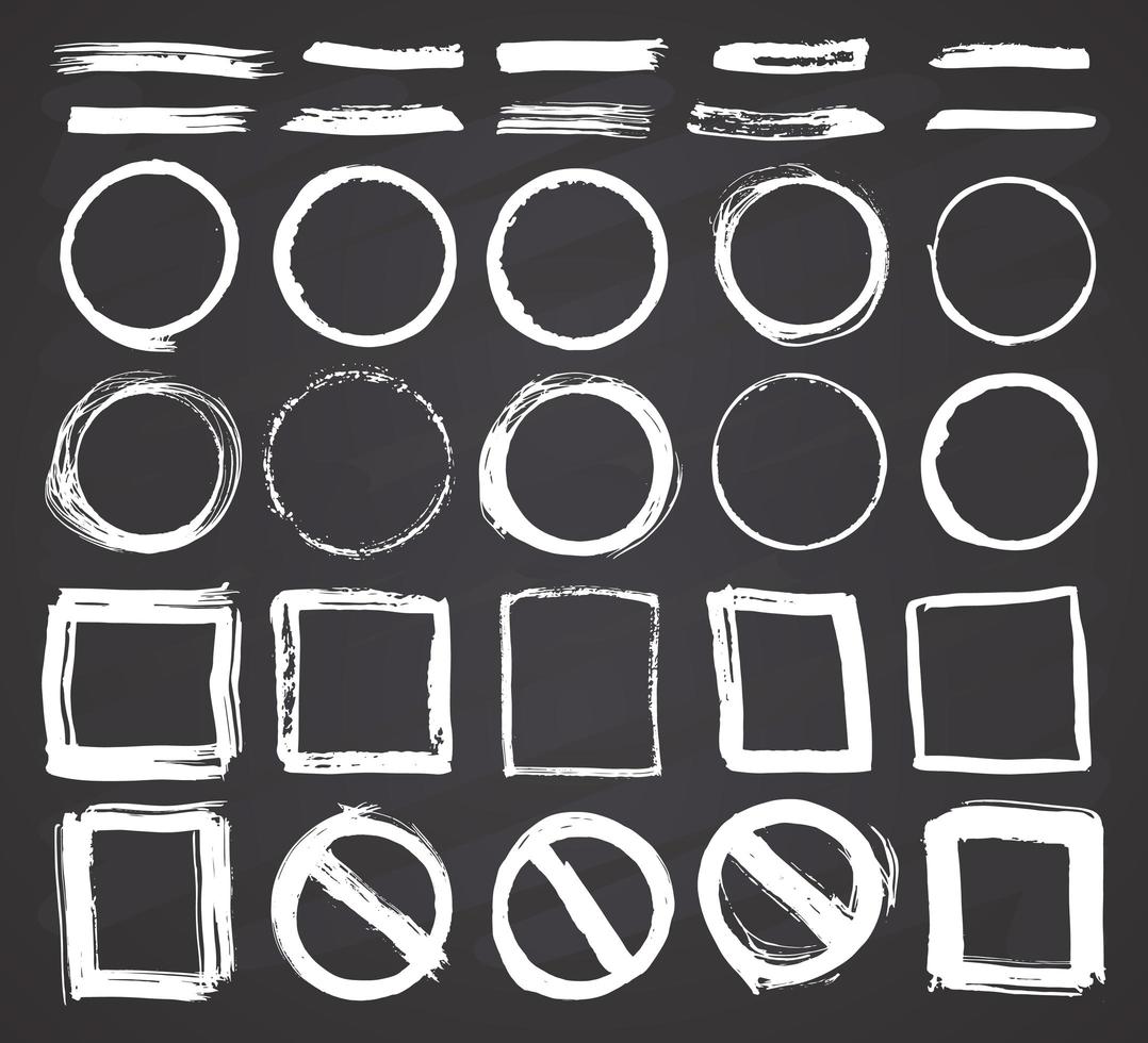 runda ramar, textrutor och penseldrag, grunge texturerat handritade element set, vektorillustration på svarta tavlan bakgrund vektor
