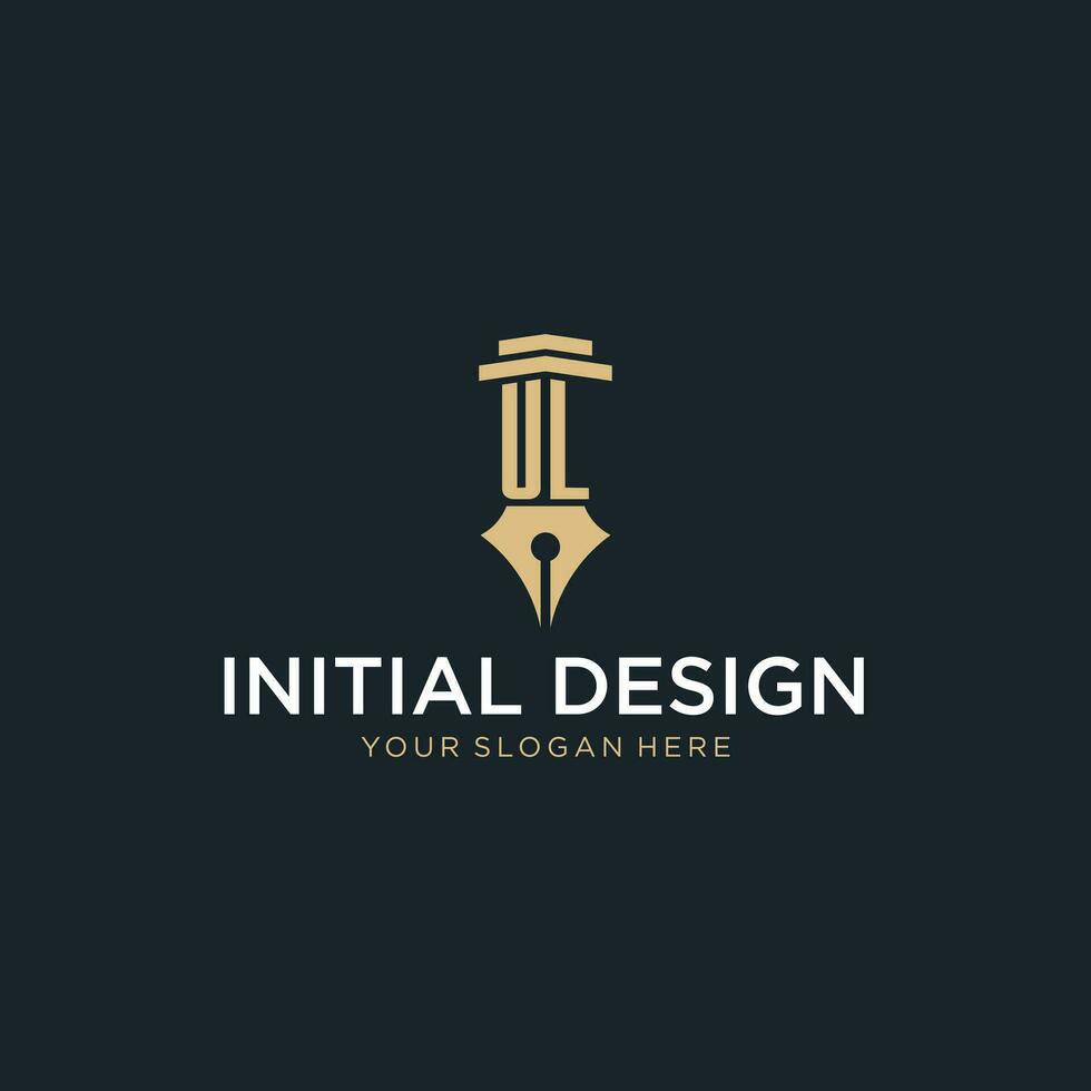 ul monogram första logotyp med fontän penna och pelare stil vektor