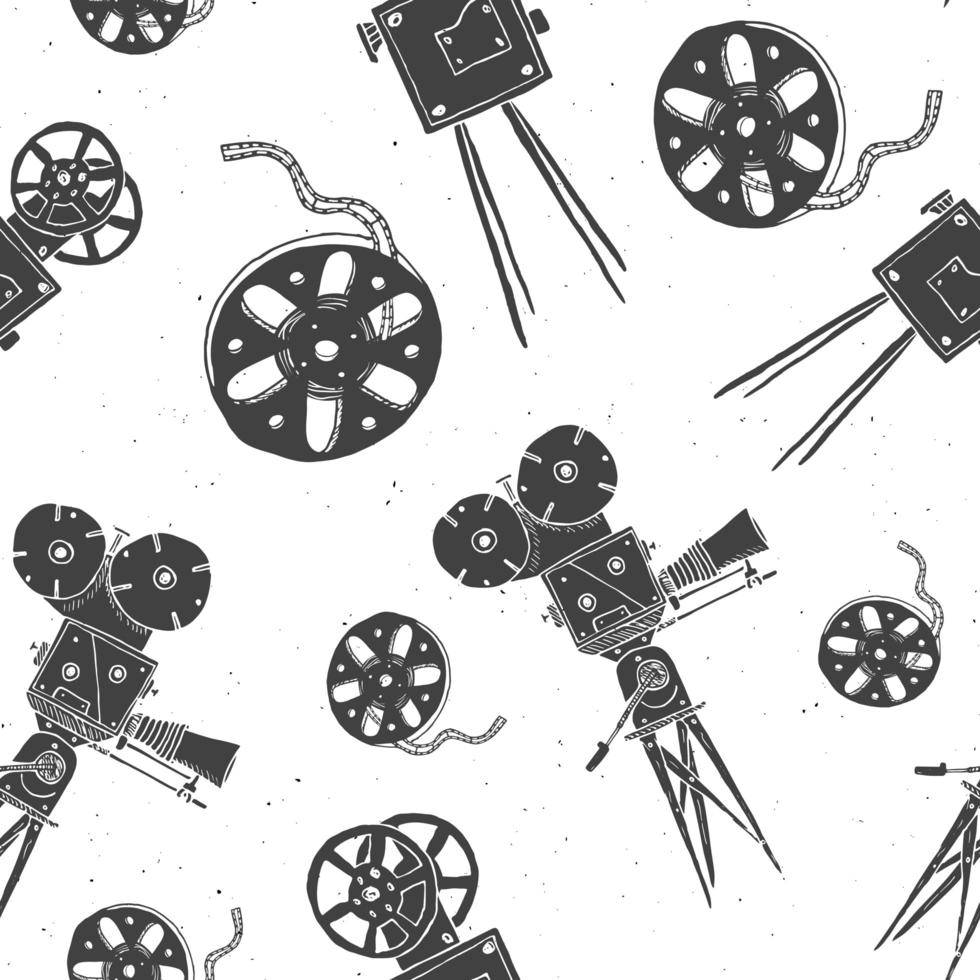 Nahtloses Muster der Kamera- und Filmrolle Vintage, handgezeichnete Skizze, Retro-Filmindustrie, Vektorillustration vektor