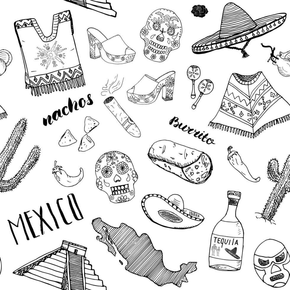 mexico sömlösa mönster doodle element, handritad skiss mexikanska traditionella sombrero hatt, stövlar, poncho, kaktus och tequila flaska, karta över mexico, burrito, skalle. vektor illustration bakgrund