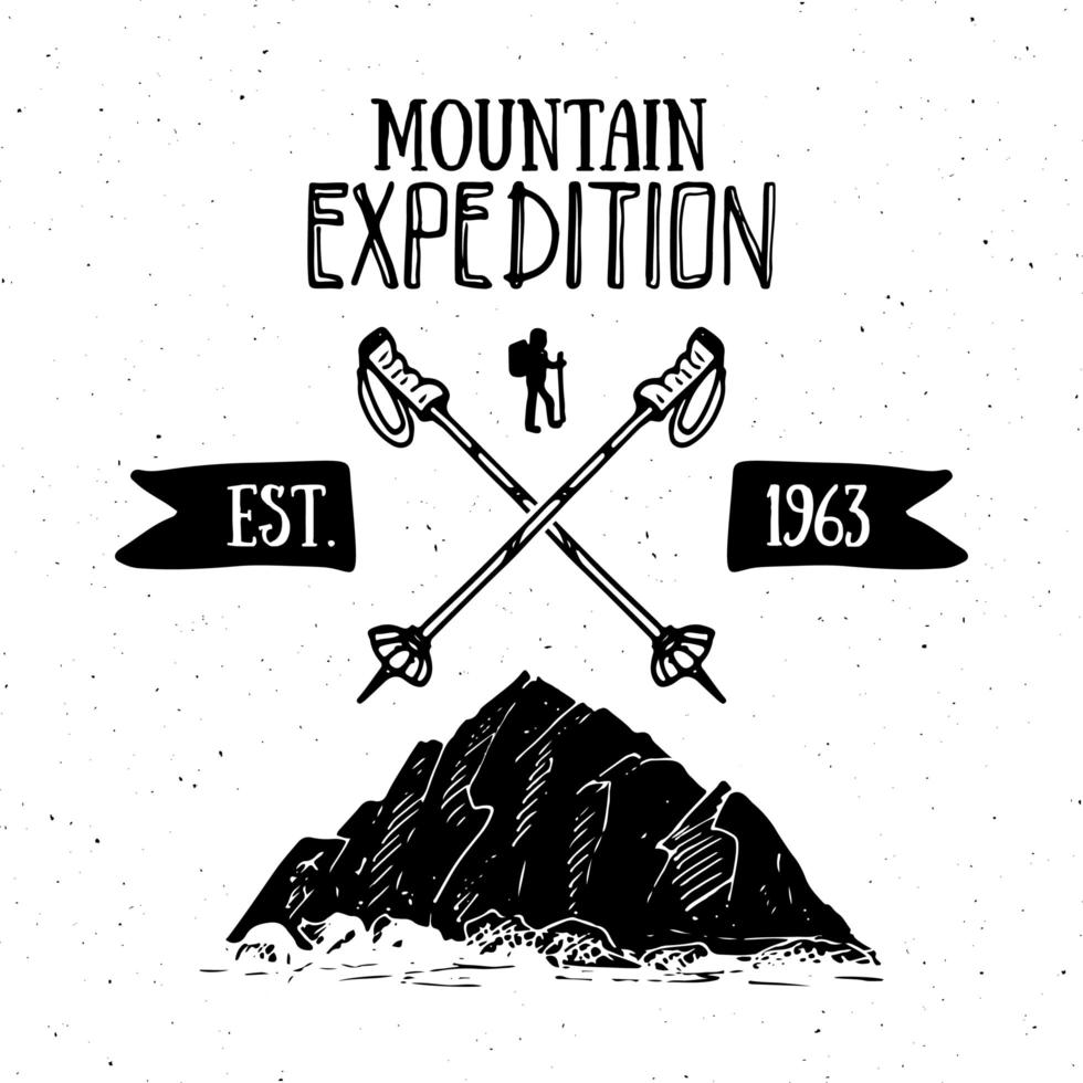 mountain expedition vintage etikett retro badge. handritad texturerat emblem utomhus vandringsäventyr och bergsutforskning, extrem sporter, grunge hipster design, typografi tryck vektorillustration vektor