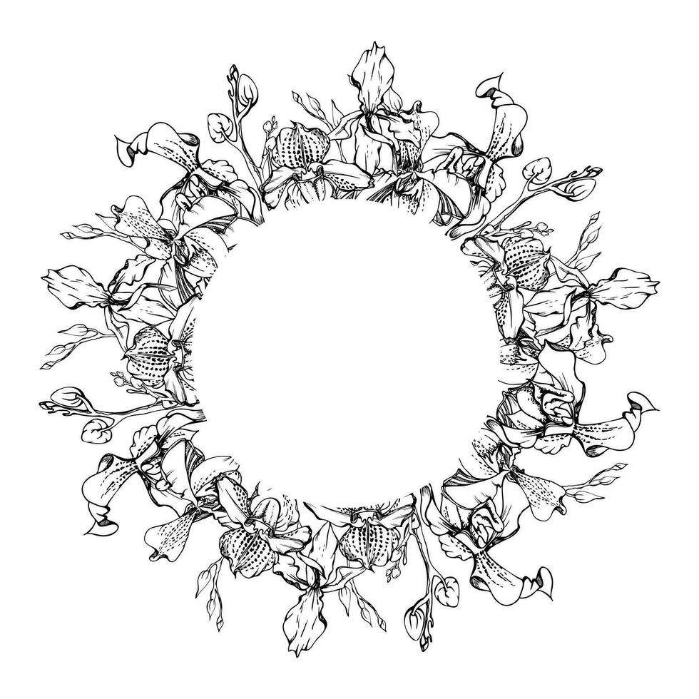 hand dragen vektor bläck orkide blommor och grenar, svartvit, detaljerad översikt. cirkel krans sammansättning. isolerat på vit bakgrund. design för vägg konst, bröllop, skriva ut, tatuering, omslag, kort.