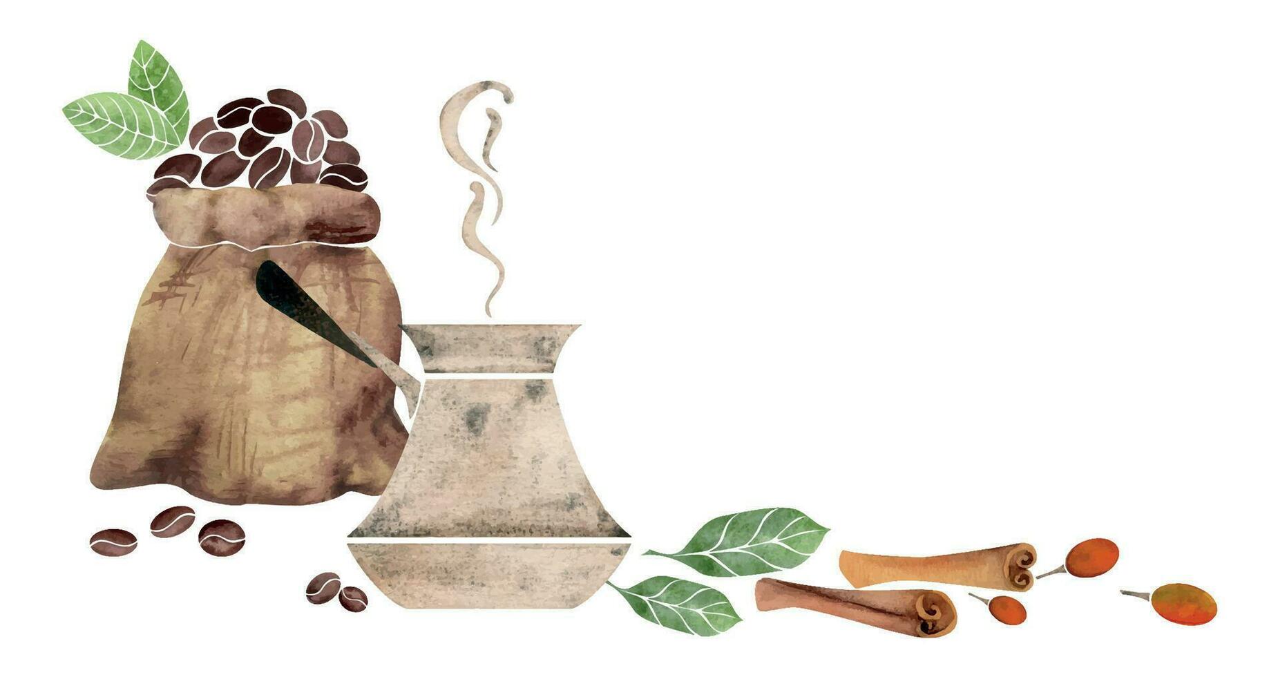 vattenfärg hand dragen sammansättning med kaffe koppar pott, cezve, jute väska bönor löv kanel pinnar. isolerat på vit bakgrund. för inbjudningar, Kafé, restaurang mat meny, skriva ut, hemsida, kort vektor
