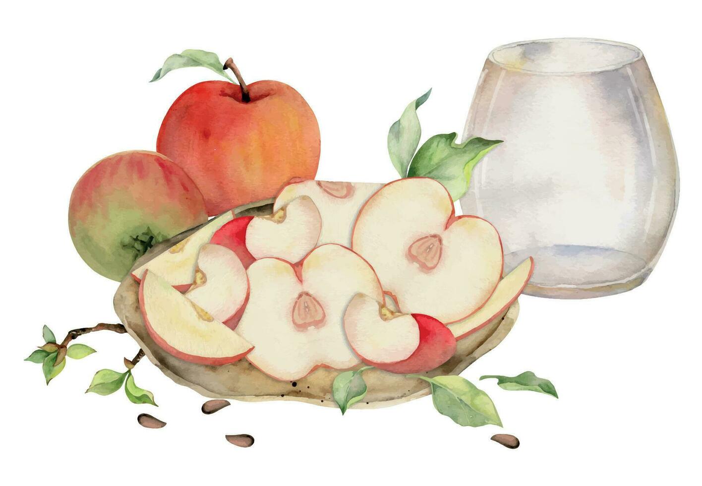 hand dragen vattenfärg sammansättning med äpple frukt på keramisk tallrik, full och skivor, med löv och frön. isolerat på vit bakgrund. design för vägg konst, bröllop, skriva ut, tyg, omslag, kort. vektor
