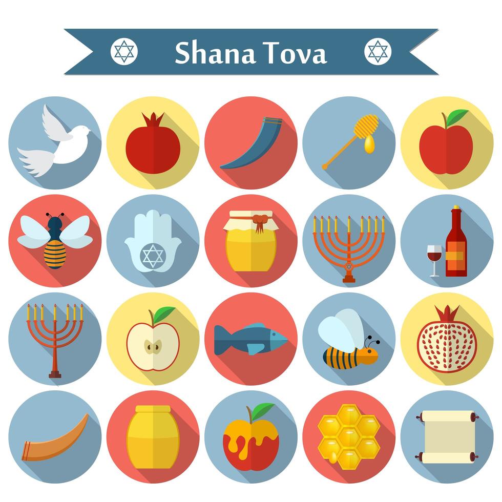 rosh hashanah, shana tova platt vektor ikoner set