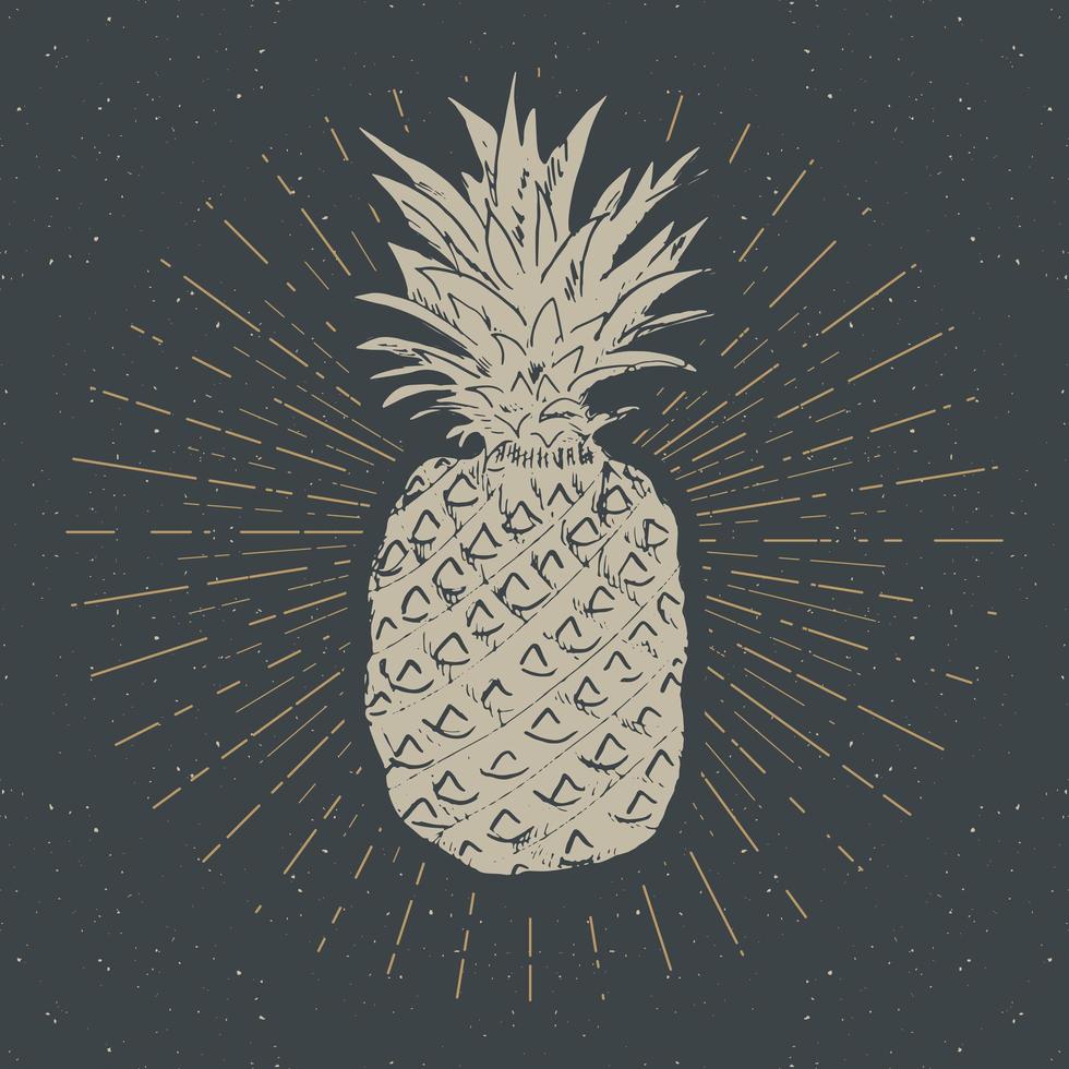 Weinleseetikett, handgezeichnete Ananas, strukturierte Retro-Abzeichenschablone des Schmutzes, Typografieentwurfvektorillustration vektor