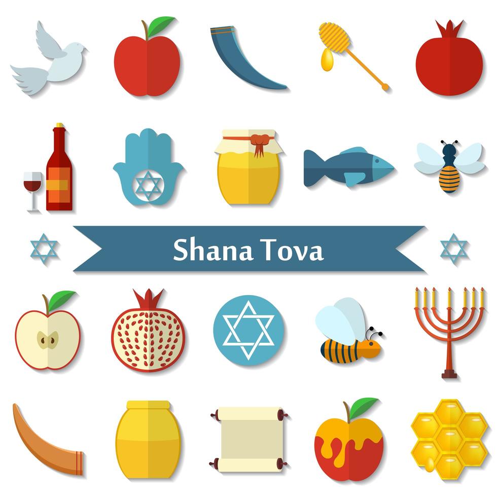 rosh hashanah, shana tova flache vektorikonen gesetzt vektor