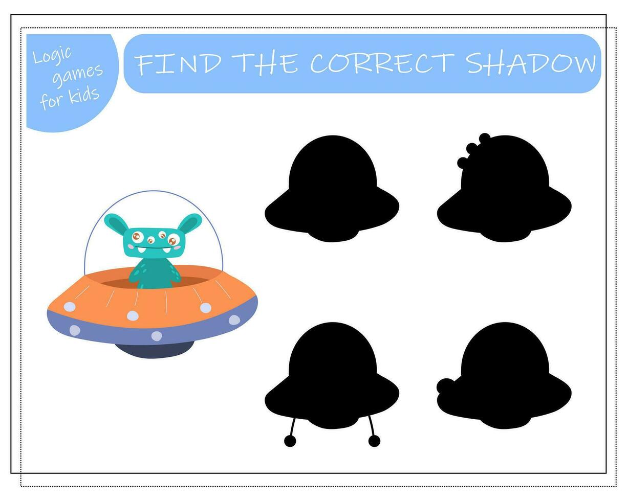 finden das richtig Schatten, ein lehrreich Spiel zum Kinder, Karikatur Monster, Aliens im ein fliegend Untertasse. Vektor Illustration auf ein Weiß Hintergrund.