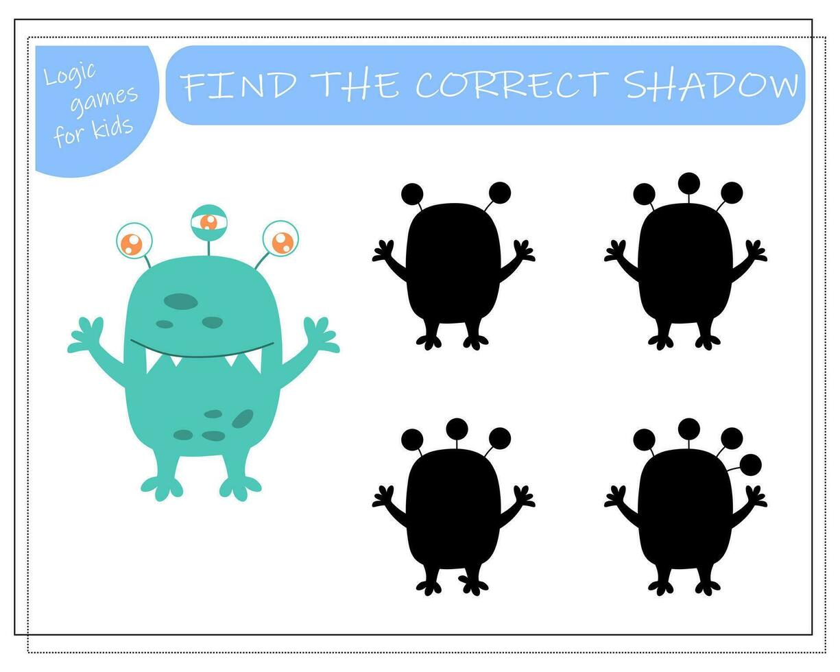 finden das richtig Schatten, ein lehrreich Spiel zum Kinder, Karikatur Monster, Aliens im ein fliegend Untertasse. Vektor Illustration auf ein Weiß Hintergrund.