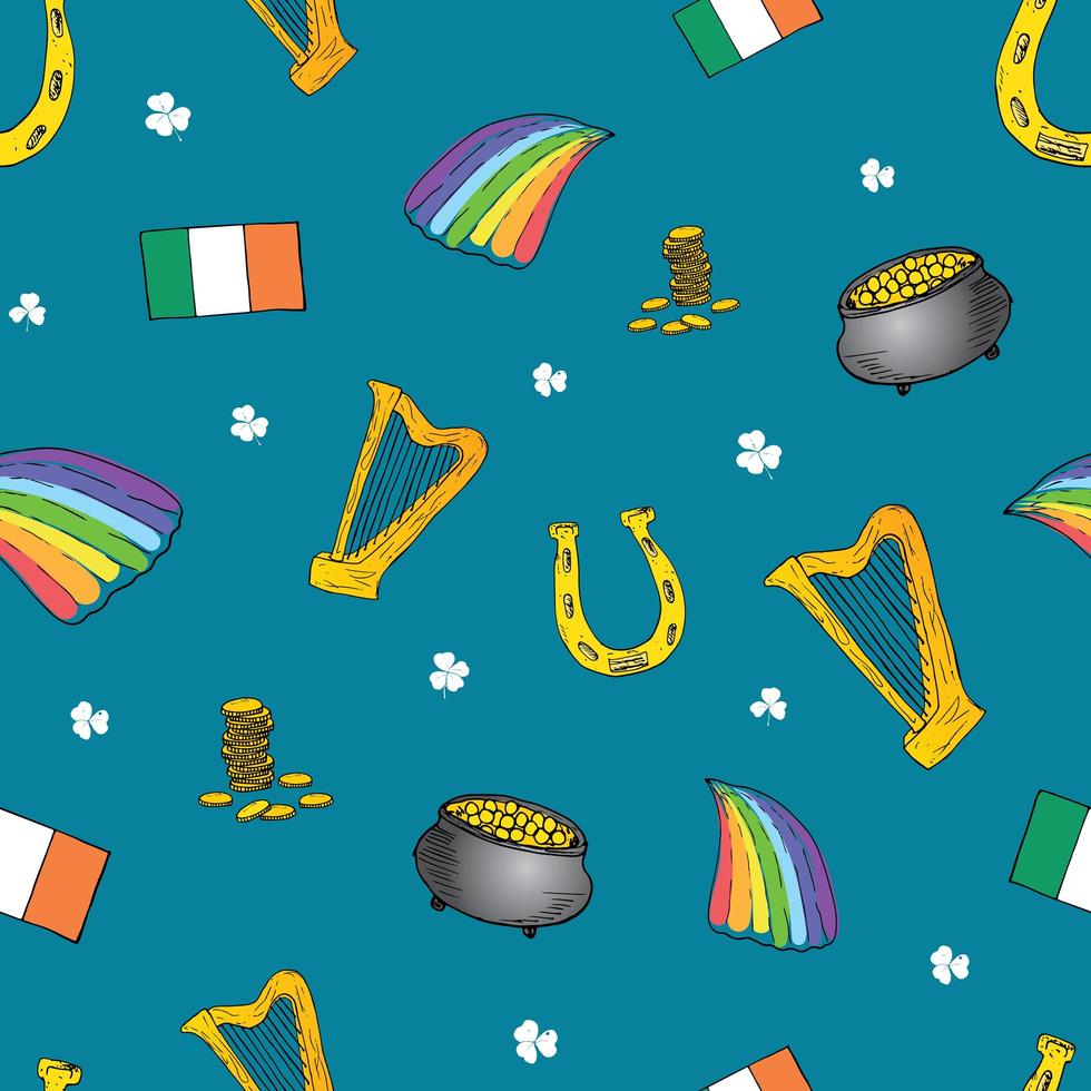 Hand gezeichnetes Gekritzel nahtloses Muster des St. Patrick's Day mit Kobold, Topf mit Goldmünzen, Regenbogen, Bier, vierblättrigem Kleeblatt, Hufeisen, keltischer Harfe und Flagge der irischen Vektorillustration vektor