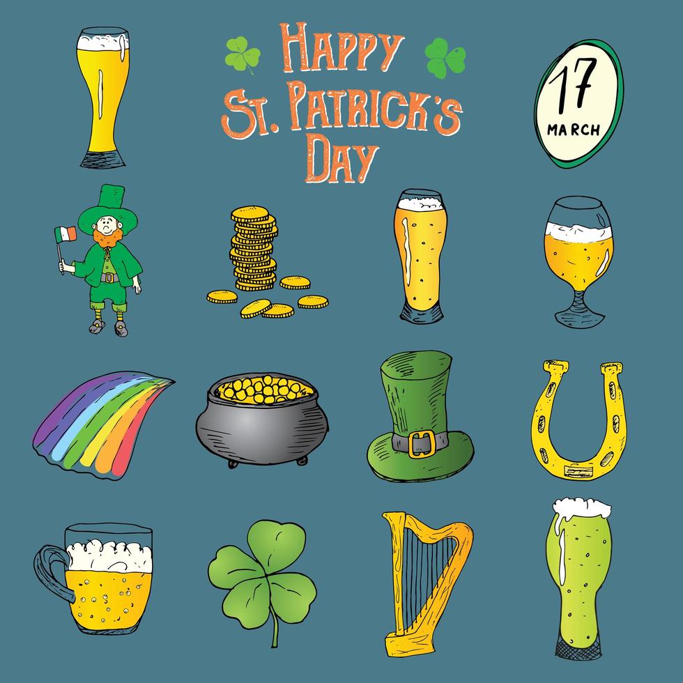 Handgezeichnete Gekritzelikonen des St. Patricks Day handgefertigt, mit Kobold, Topf mit Goldmünzen, Regenbogen, Bier, vier Leefklee, Hufeisen, keltischer Harfe und Flagge von Irland Vektorillustration. vektor