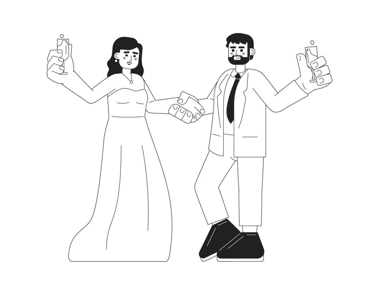 Lycklig par fira bröllop årsdag enfärgad platt vektor tecken. champagne Skål. redigerbar tunn linje full kropp människor på vit. enkel bw tecknad serie fläck bild för webb grafisk design