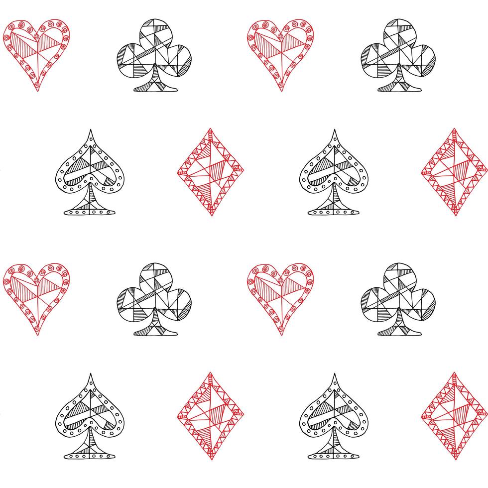 Hand gezeichnete skizzierte Spielkarten Symbol nahtloses Muster, Poker, Blackjack Hintergrund, Doodle Herzen Diamanten Spaten und Clubs Symbole. vektor