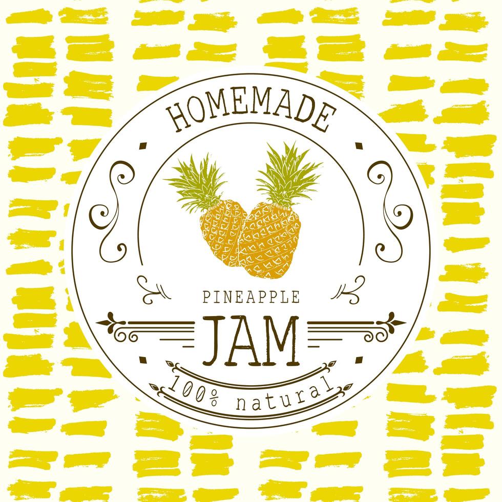 Marmeladenetikett Designvorlage. für Ananas-Dessert-Produkt mit handgezeichneten skizzierten Früchten und Hintergrund. Gekritzel Vektor Ananas Illustration Markenidentität
